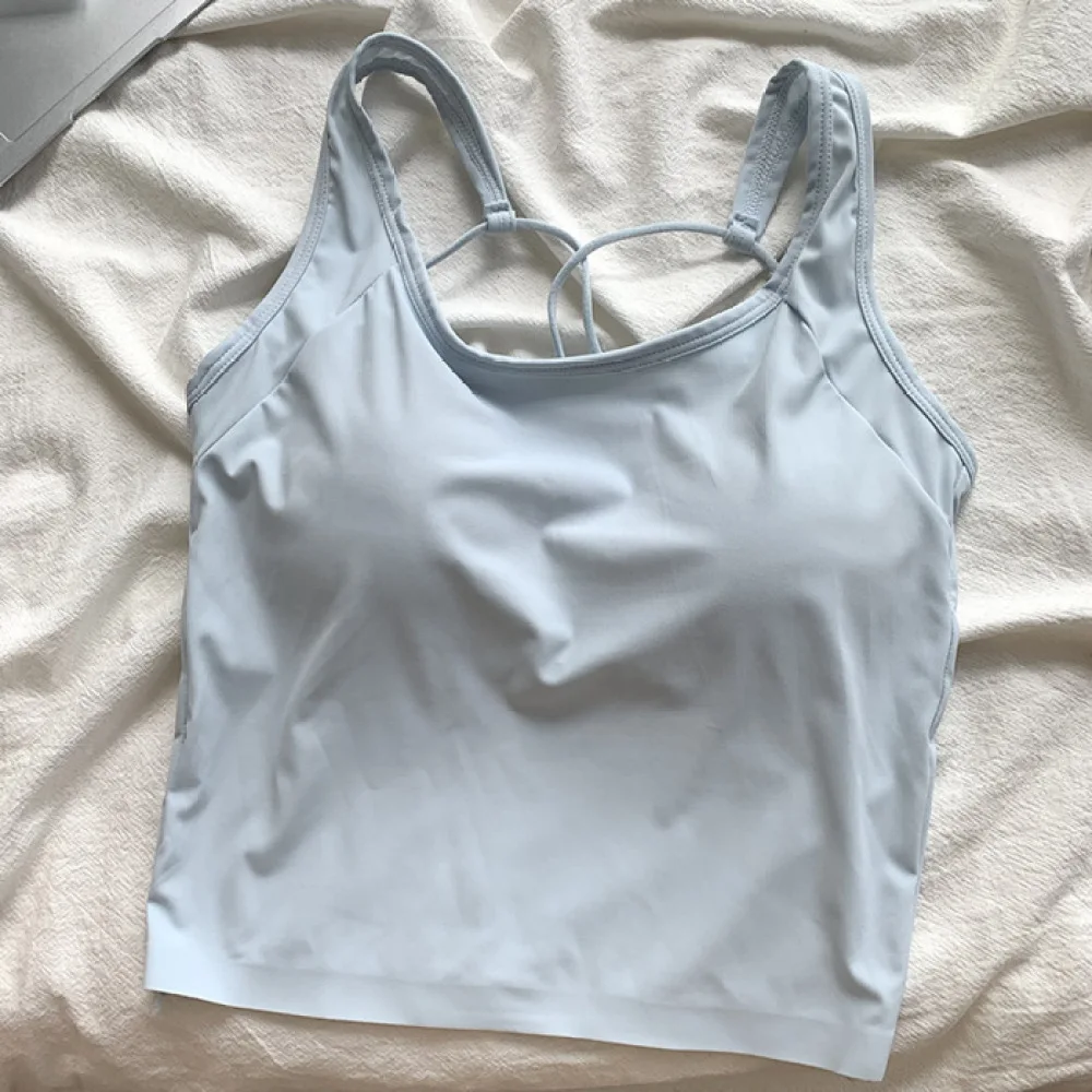 Womens Ice Silk Tank Top With Built In Bra Summer Sleeveless Wide Strap Vest Cross Back Breathable Soft Camisole