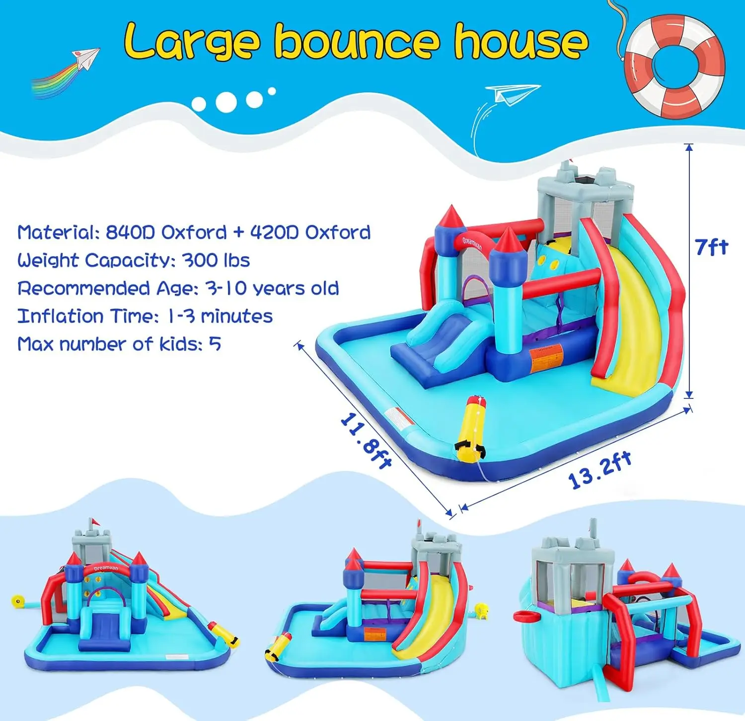 Bounce House waterglijbaan voor kinderen, 10-in-1 grote waterglijbaan opblaasbaar waterpark met splash pool lange glijbaan sprinklerblazer, zwart