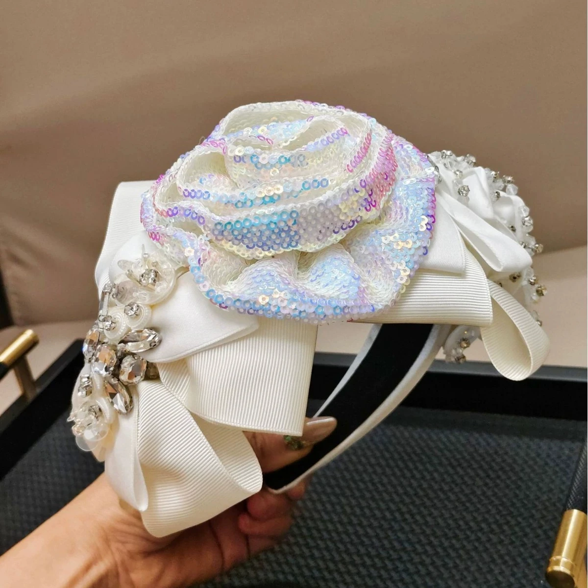 اليدوية الأبيض الأسود روز زهرة عصابات الشعر بوهو تاج رباطات للنساء الفتيات الزفاف إكسسوارات الشعر بالجملة #4