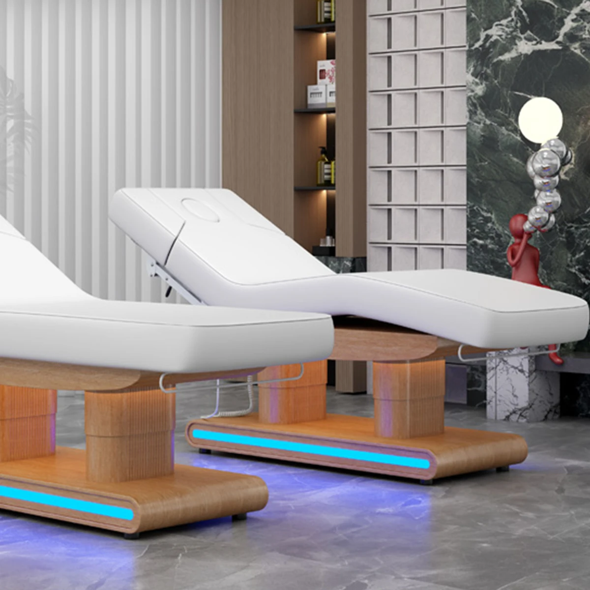 Wooden Base Electric Massage Table with LED Light Brown PU Facial Bed Adjustable Backrest Beauty Spa Bed for Salon Physiotherapy