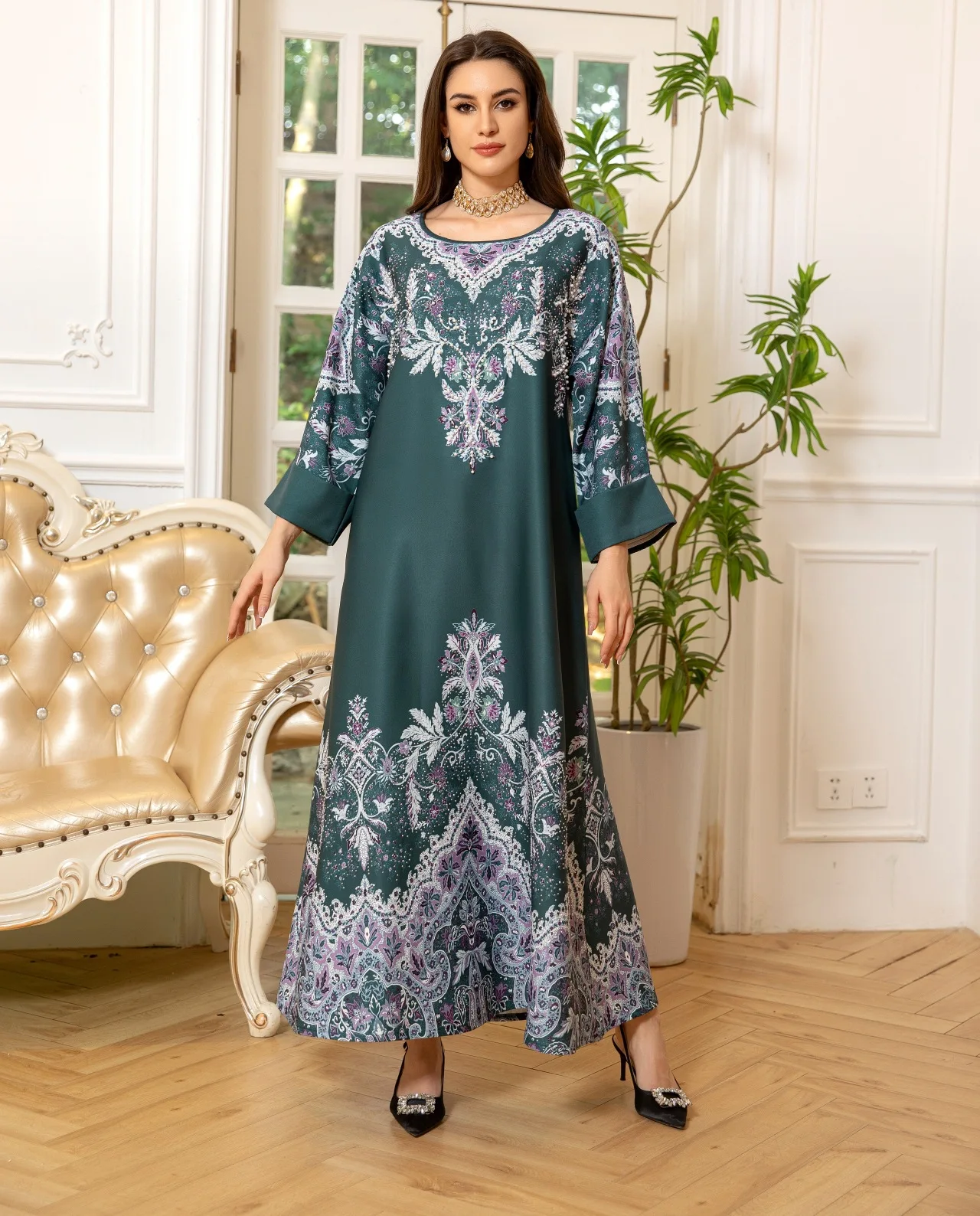 

Eid Djellaba Muslim Print Women Maxi Dress Dubai Abaya Turkey Kaftan Diamonds Jalabiya Femme Musulmane Vestidos Morocco Caftan