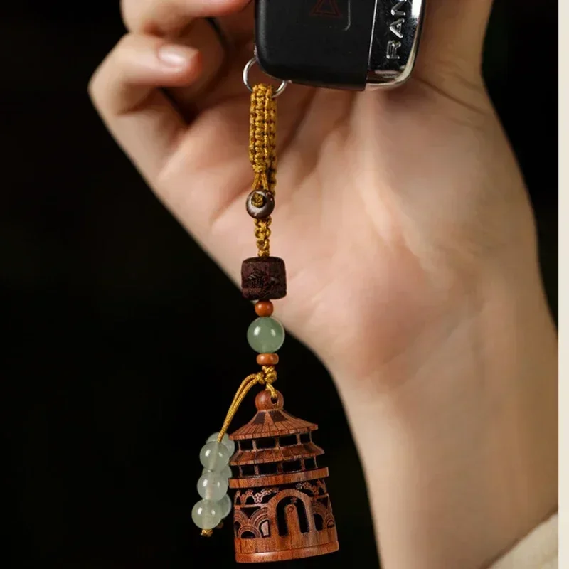 Wood Red Precious Treasure Hollow Carved Temple Heaven Incense Box Creative Keychain Travel Commemorative Gift Ethnic Decoration