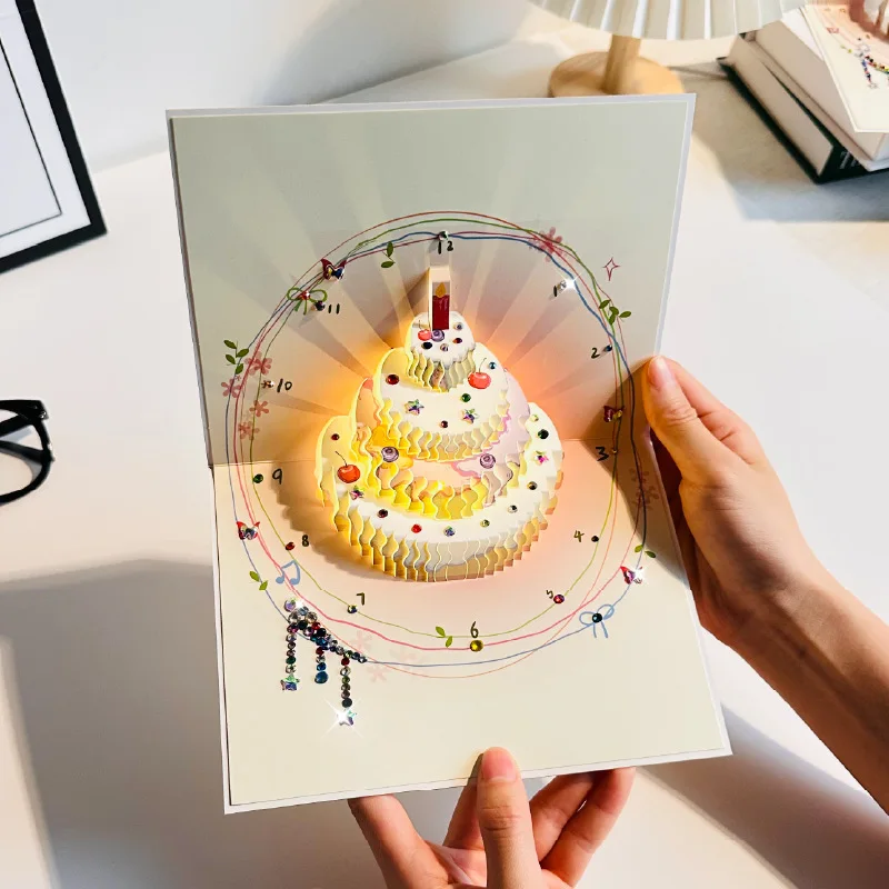 

6Pcs Music, Lights, and Clock Diamond-Encrusted Cake Creative Birthday Gift – 3D Diamond Pop-Up Greeting Card