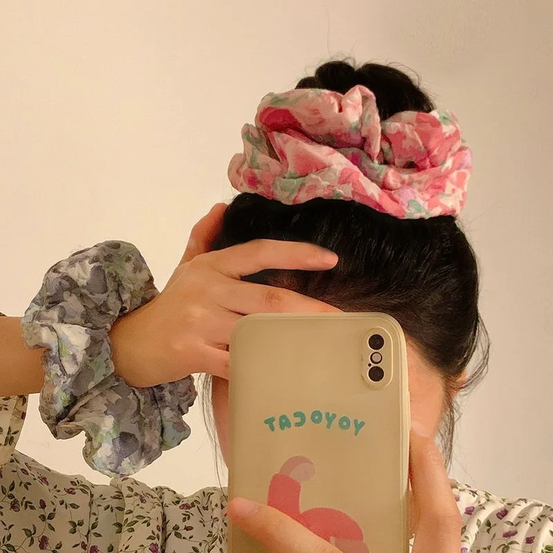 

Ink Smudged Floral Large Scrunchie French Romantic Tie-Dye Floral Hair Tie Forest Style Sweet Large Meatball Hair Rope