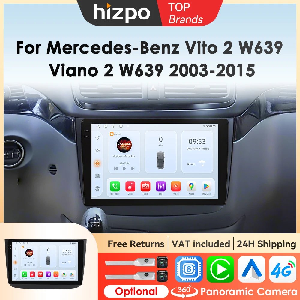 Hizpo Auto Intelligente Systeme Radio für Mercedes-Benz Vito 2 W639 Viano 2 2003–2015 GPS Stereo Multimedia CarPlay Android Auto