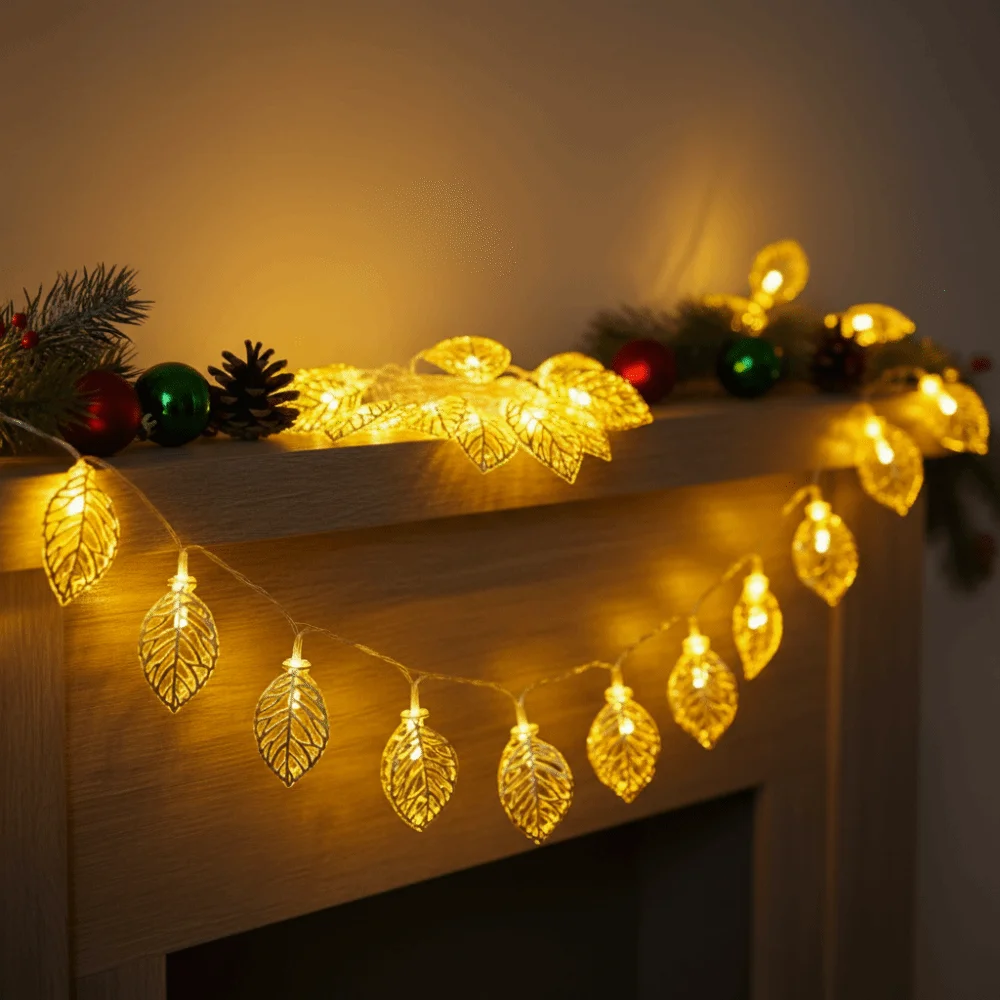 

Warm White LED Decorative Lamp Golden Metal Leaf Shaped Design Decorative Lights Battery Operated Hollow Design LED String Light