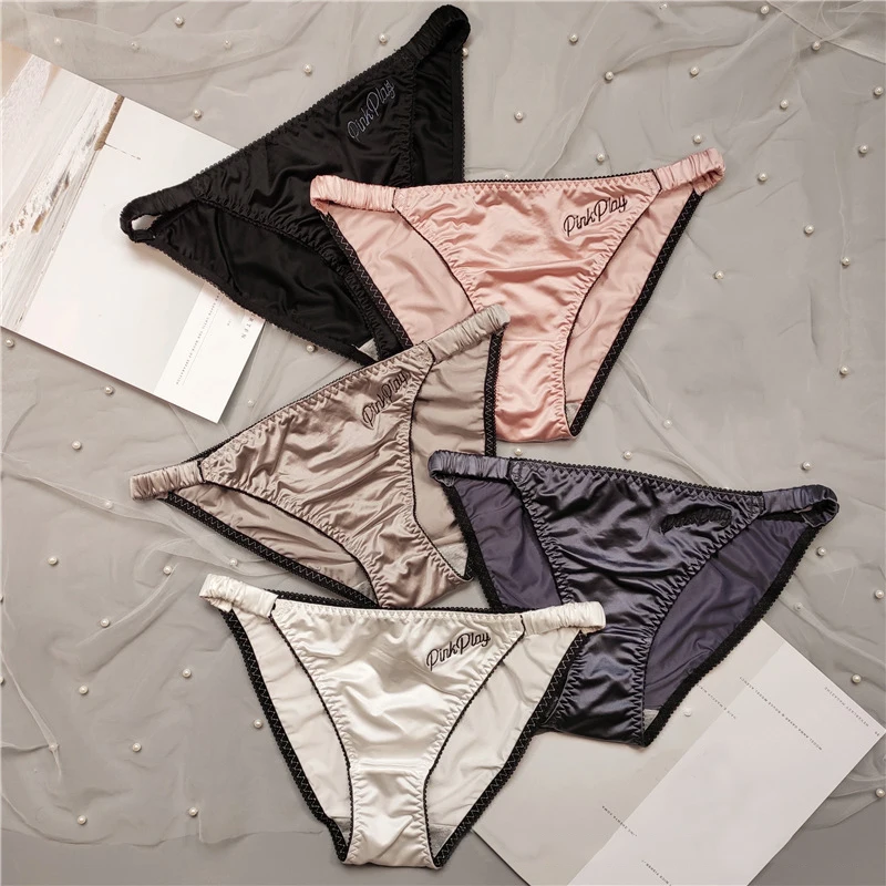 Sexy Underpants For Women Glossy Panty Low Waist Solid Color Satin Fabric Briefs Embroidery Intimates Women Lingerie Briefs