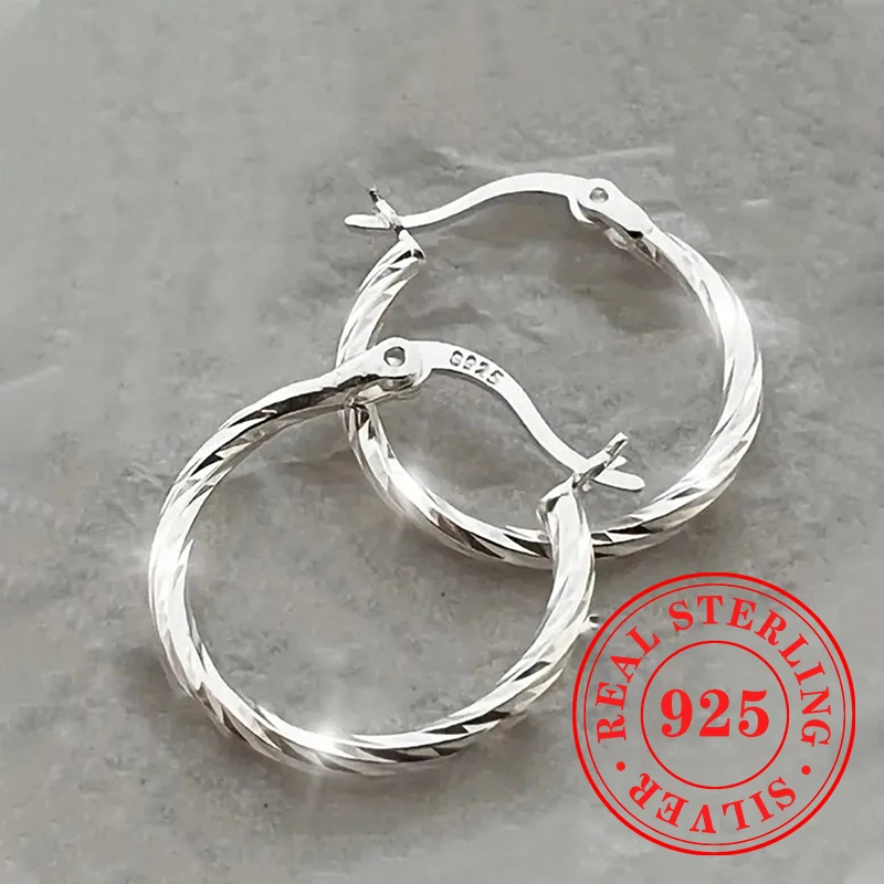 Huitan Real 925 Sterling Silver Hoop Earrings for Women Glossy Twisty Circle Ear Piercing Accessories Trendy Party Jewelry Gifts