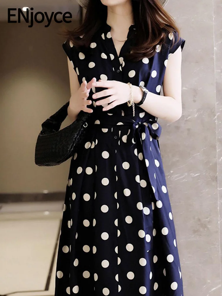 

ENjoyce Summer Vintage Chiffon Polka Dots Long Dress Ladies Korean Style Elegant Slim A-Line Skirt Mid-Length Dresses