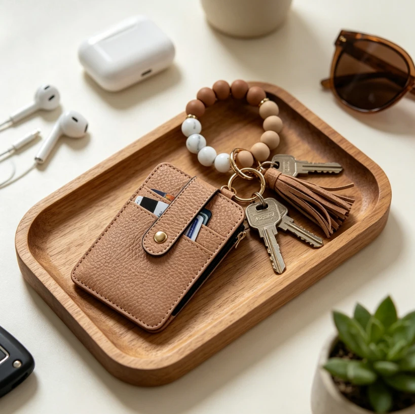 Women’s Tan PU Leather ID Card Holder with Silicone Beaded Wristlet Keychain, Multifunctional Snap-Closure Zippered Card Pouch with Tassel, Neutral-Tone Portable Wristlet Wallet for Daily Use & Gifting
