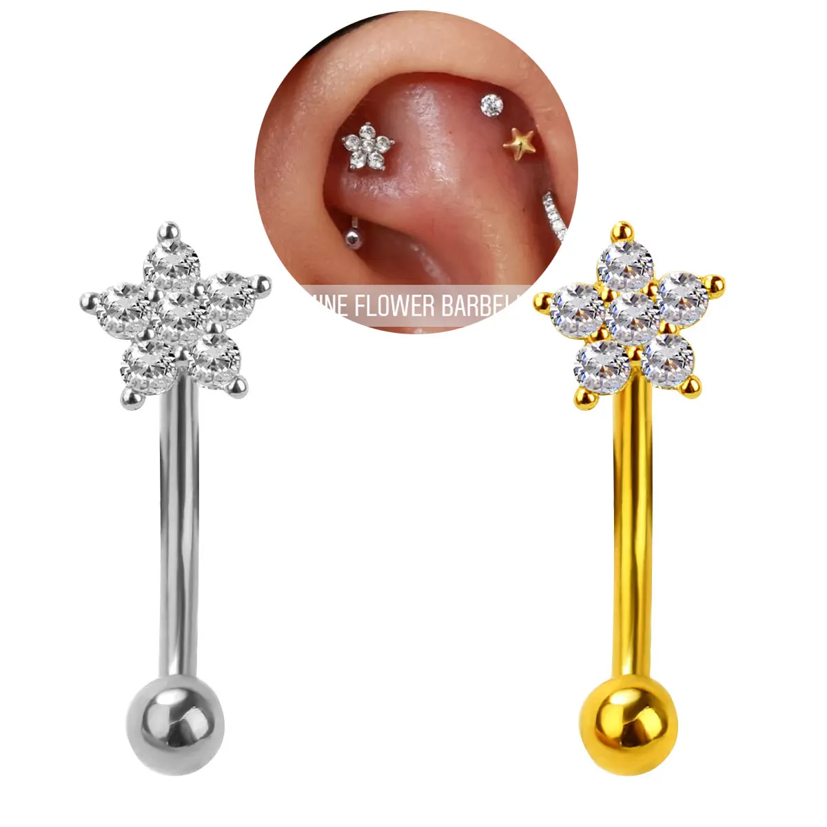 1PC Stainless Steel Star Butterfly Flower Curved Barbell Eyebrow Rook Piercing Jewelry Helix Stud Cz Daith Earring Belly Ring16G