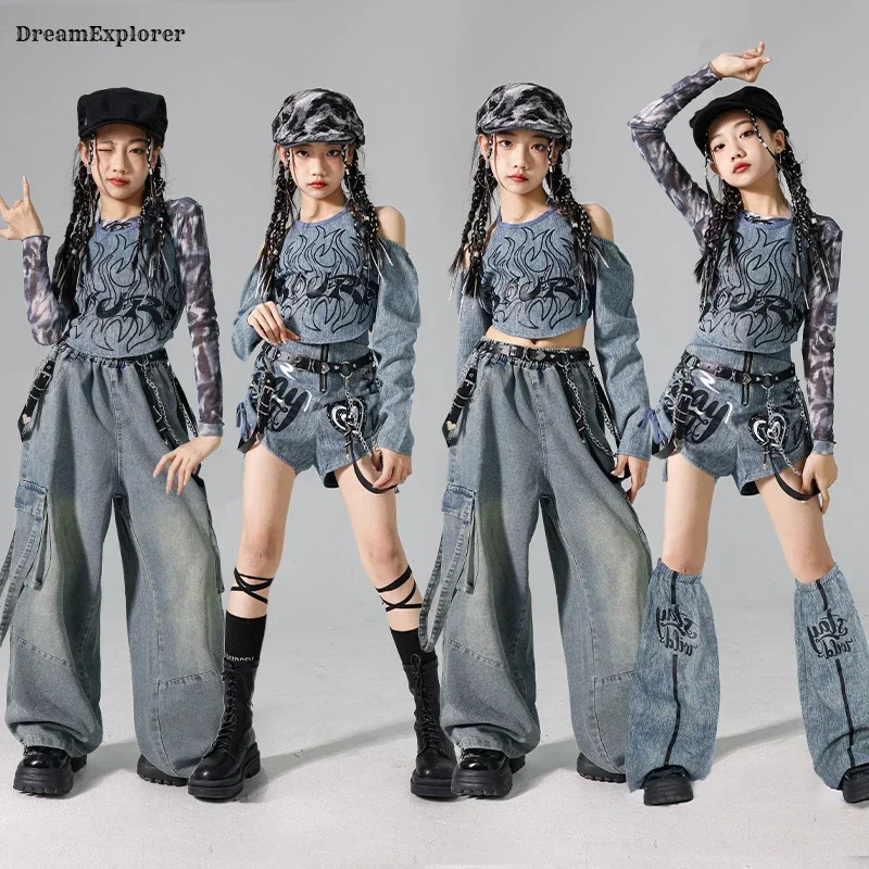 Girls K-pop Denim Crop Top Street Dance Cargo Jeans Pants Kids Hip Hop Jazz Shorts Clothes Set Children Streetwear Stage Costume