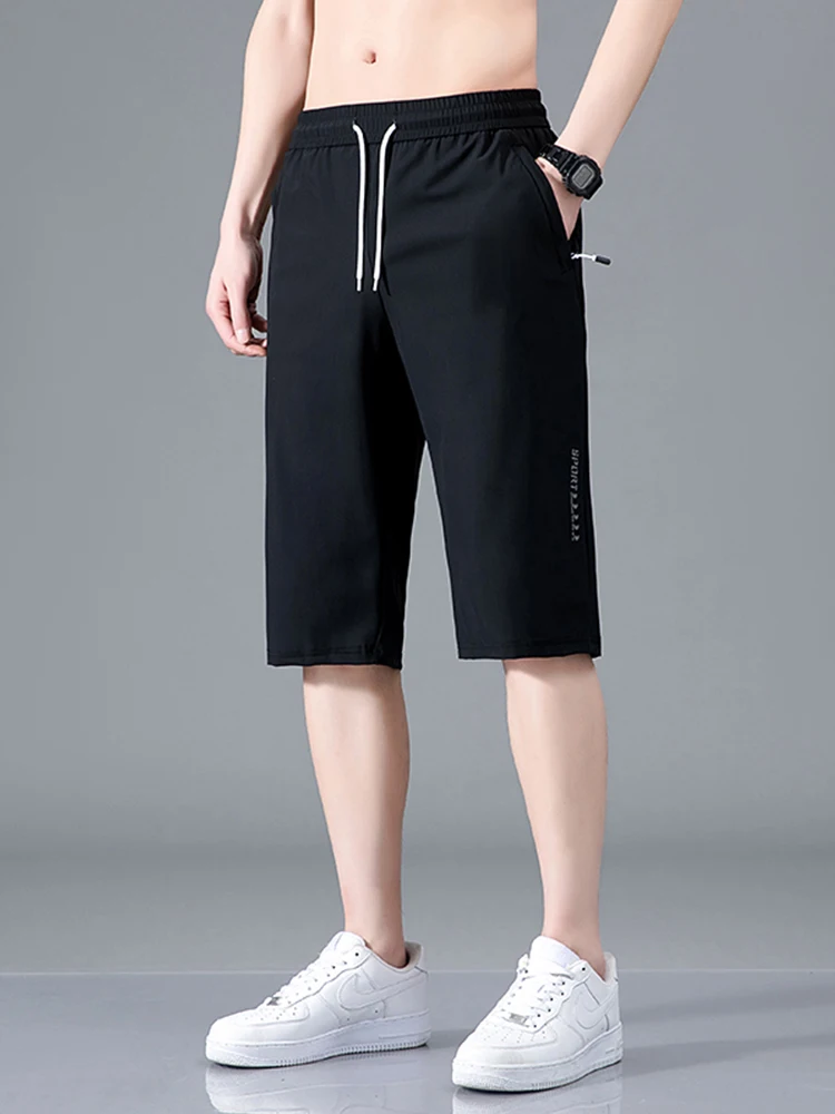 Summer Men\'s Breeches Ice Silk Sweat Shorts Quick Dry Stretch Nylon Short Pants Big Size Calf-Length Casual Shorts 8XL