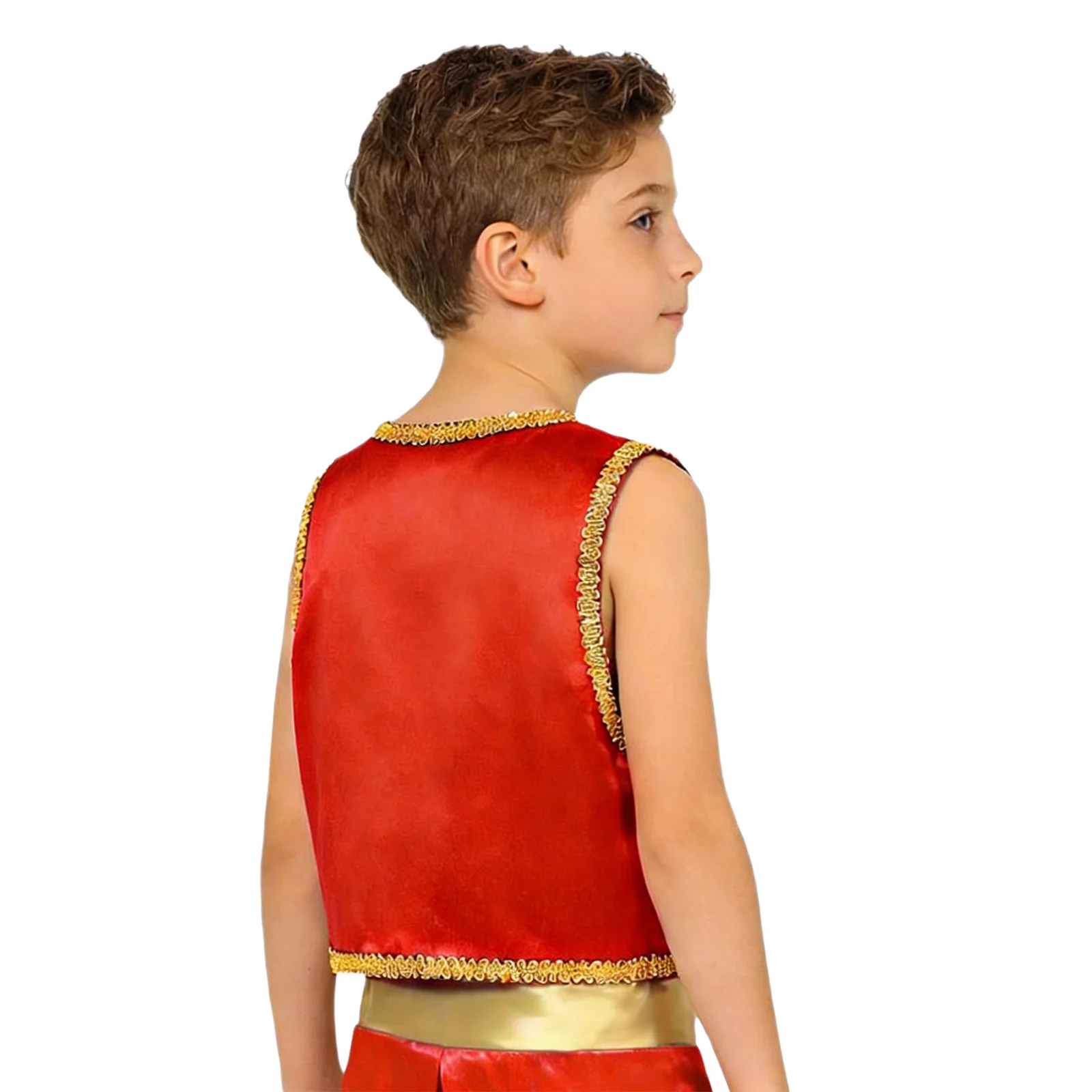 Kids Boys Arabian Prince Costume Halloween Fairytale Cosplay Fancy Dress Up Genies Vest Open Front Golden Braided Trim Waistcoat