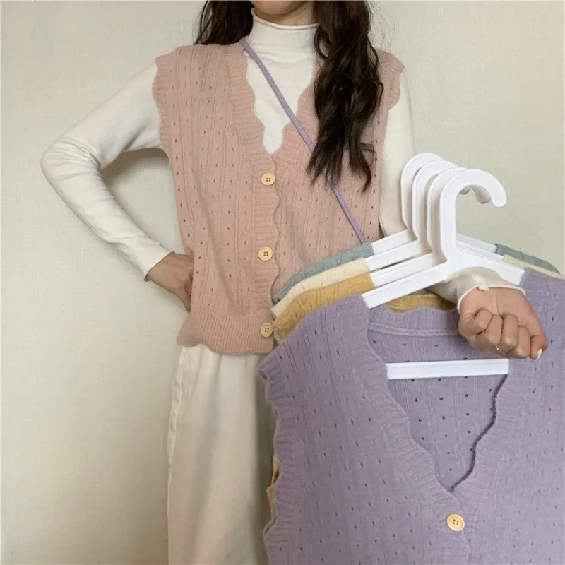 Gentle Solid Sweater Vests Women Candy Wave Single Breasted Classic Simple Knit V-neck Sweaters Cardigan Females Chic Sleeveless