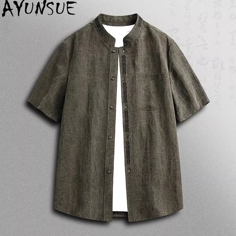 AYUNSUE High-end 100% Real Mulberry Silk Shirts for Men Summer Outfits Luxury 2026 Watered Gauze Casual Pants Two Piece Set Man