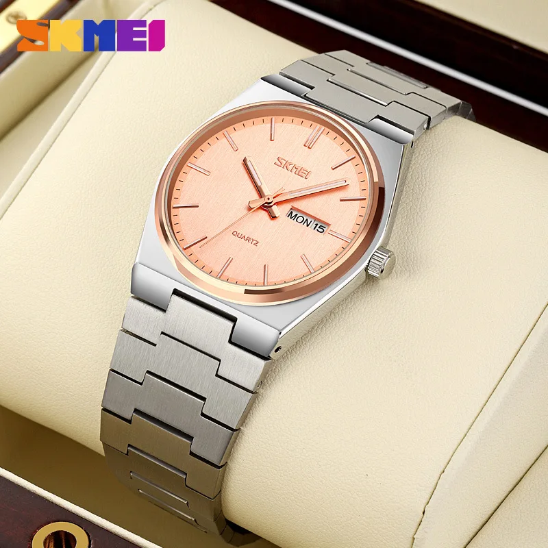 Skmei Fashion Solid Stainless Steel Buckle Men's Business Casual Quartz Watch Thin Double Calendar Men's Watch