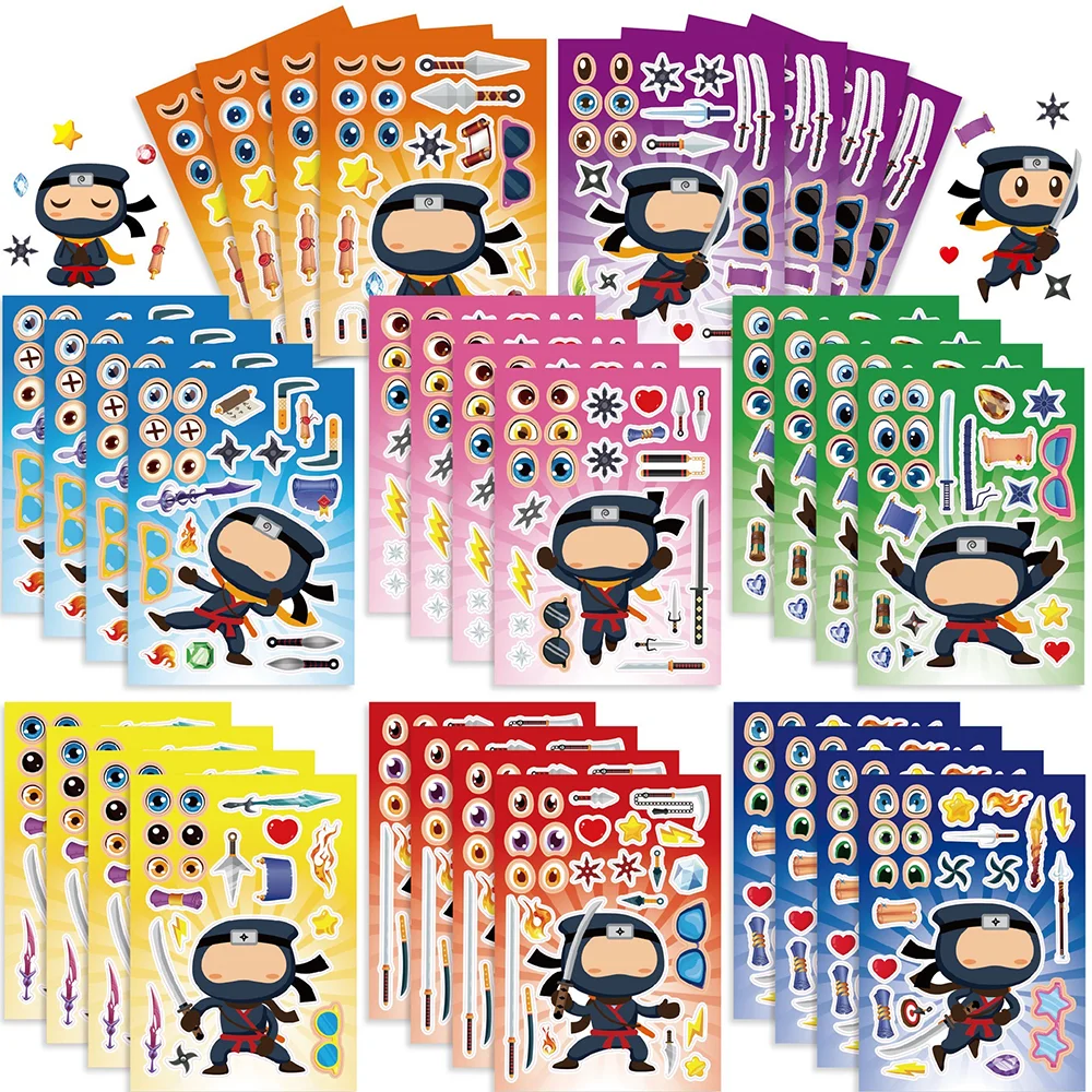 8/16 Sheets Cartoon Cute Ninja Make A Face Puzzle Stickers Children's Daily Cute Toys Scrapbook Waterproof Party Gifts Stickers.