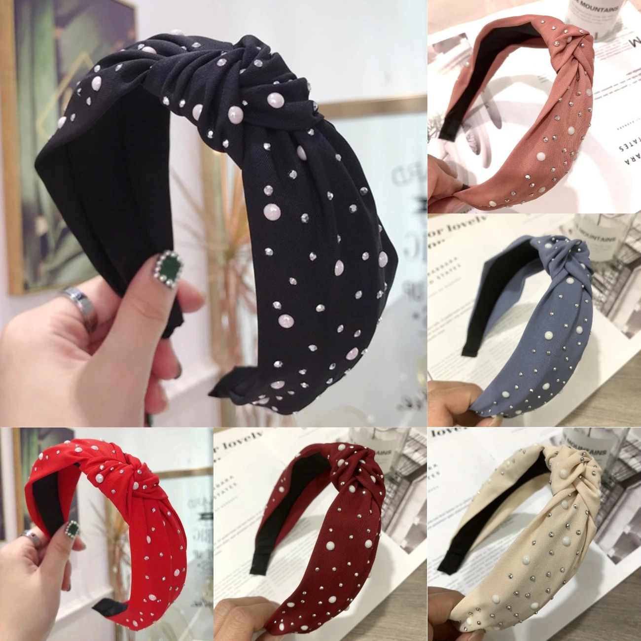 Fashion Rhinestone Top Knot Headbands Shining Pearl Fabric Twist Hairbands for Women Girls Ladies Hair Hoops Hair Accessories