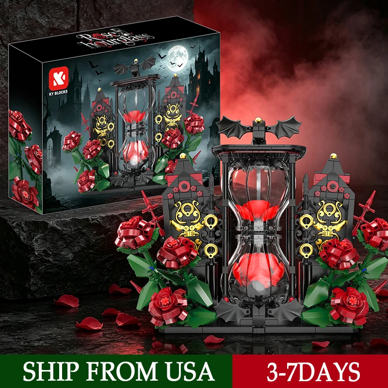 1001PCS Gothic Dark Rose Hourglass Building Blocks Set Black Castle Frame MOC Assembly Bricks Model Toys Romantic Unique Ornament Dark Aesthetic For Christmas Halloween Gift