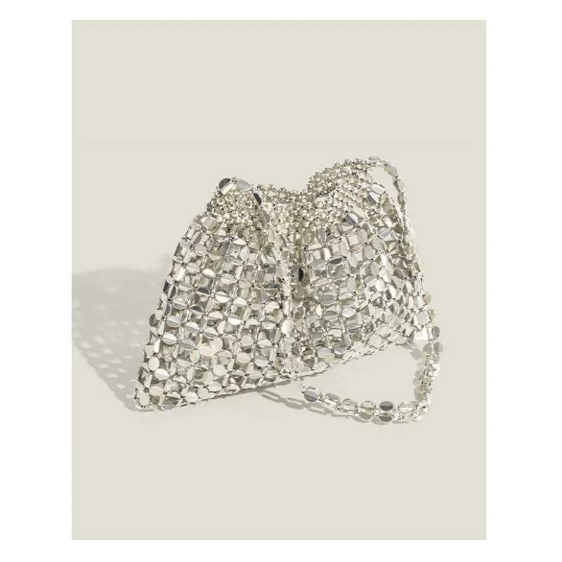 2 Piece Silver Metallic Clutch Set, Geometric Cube Shoulder Bag with Canvas Drawstring Pouch, Party Evening Handbag Set