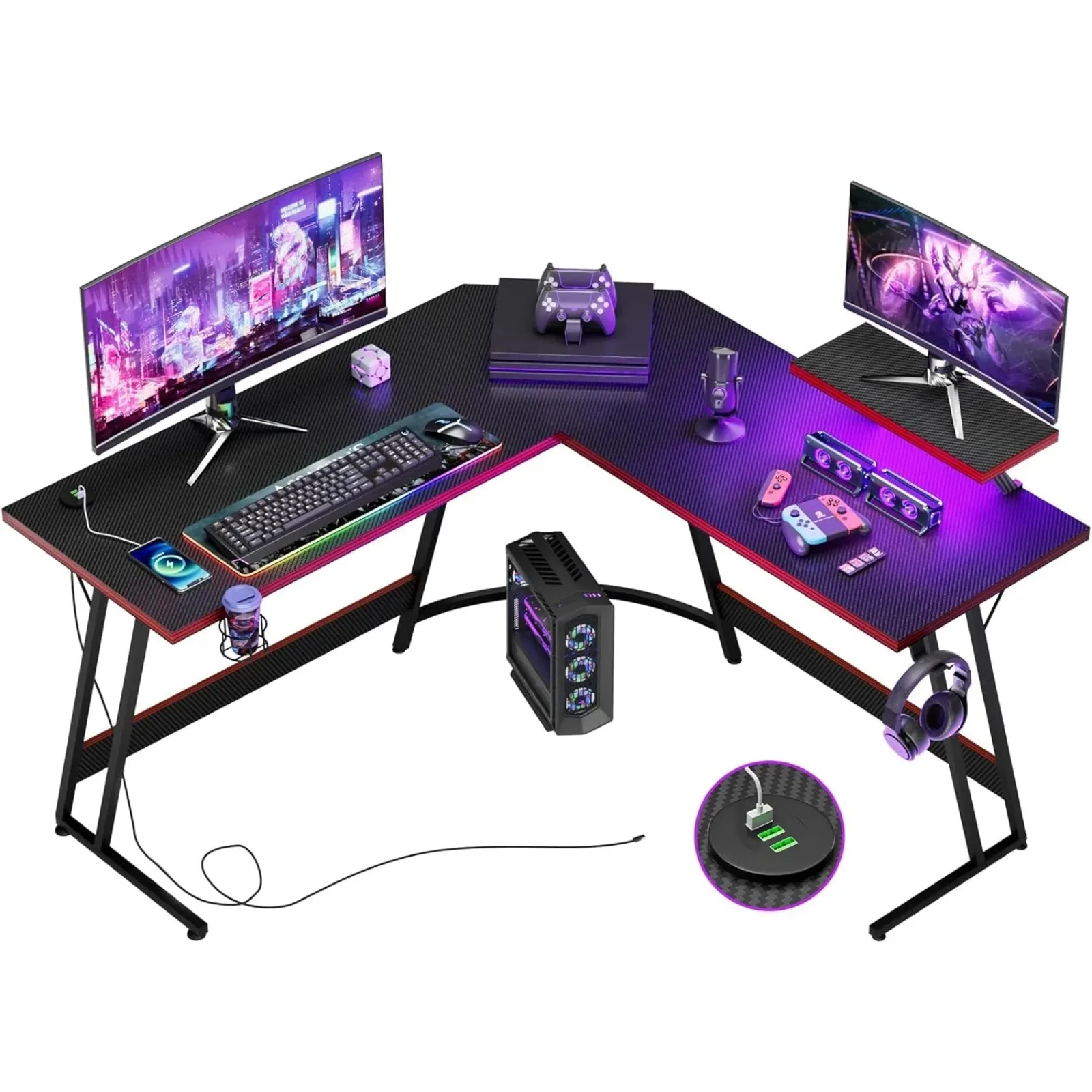 US Gaming Desk, 51 Inch Computer Corner Table with Large Monitor Stand &