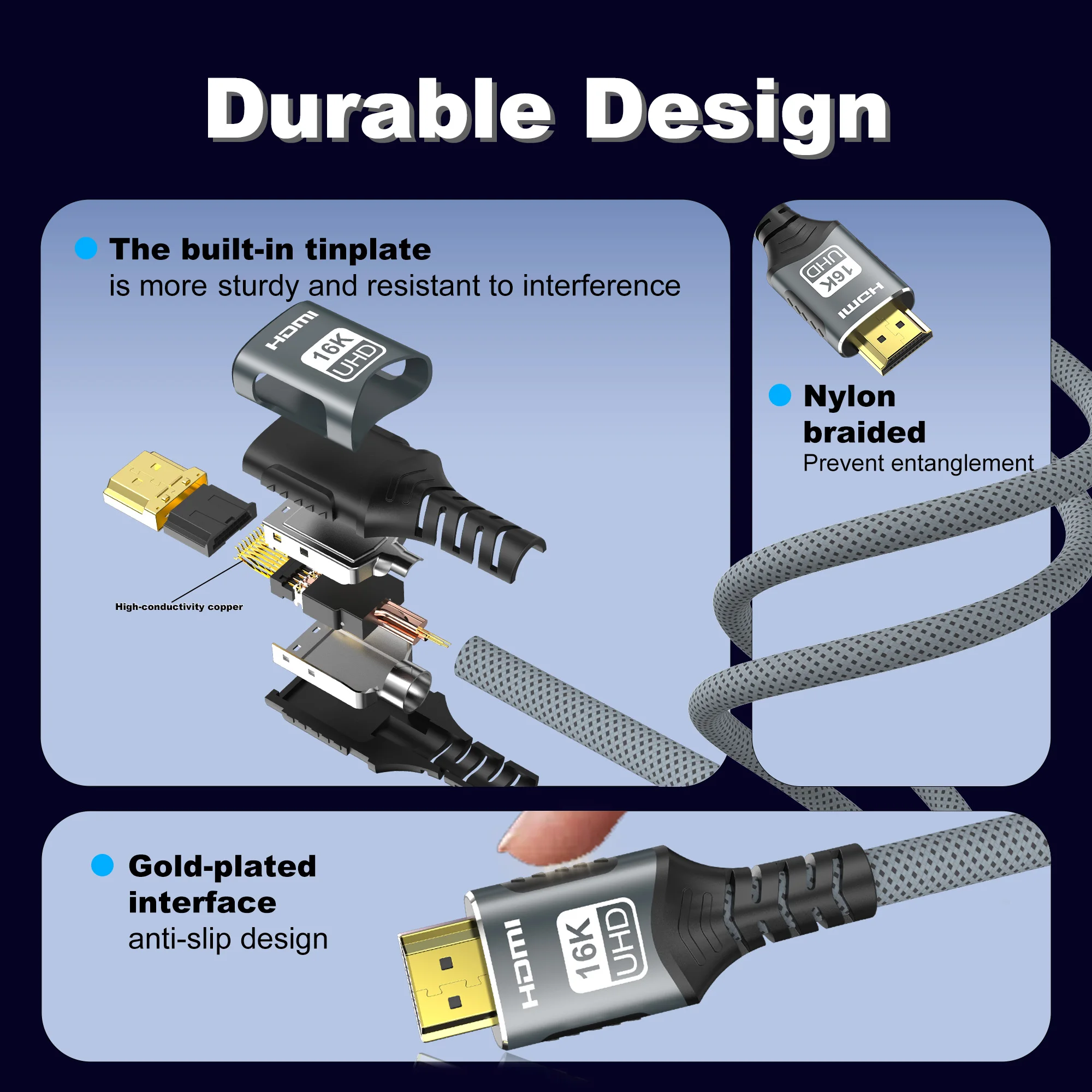 كابل مضفر 16K HDMI 2.2 عالي السرعة 96 جيجابت في الثانية 16K@30 هرتز/60 هرتز 8K@120 هرتز 4K@240H UHD HDR 12 بت متوافق مع مفتاح تلفزيون الكمبيوتر المحمول PS5