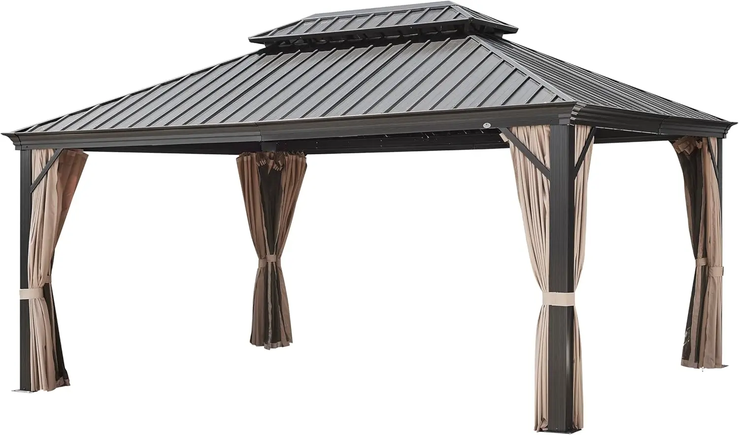 12' x 16' Outdoor Gazebo Patio Permanent Hardtop Pergola with Aluminum Frame Galvanized Steel Double Roof Mosquito Net