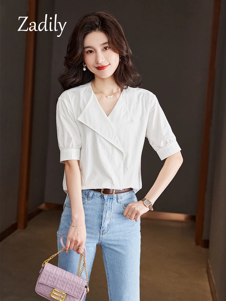 Minimalist Short Sleeve Women White Basic Shirt Korea Style Covered Button Turn Down Collar Blouse Summer Female Clothing Tunic