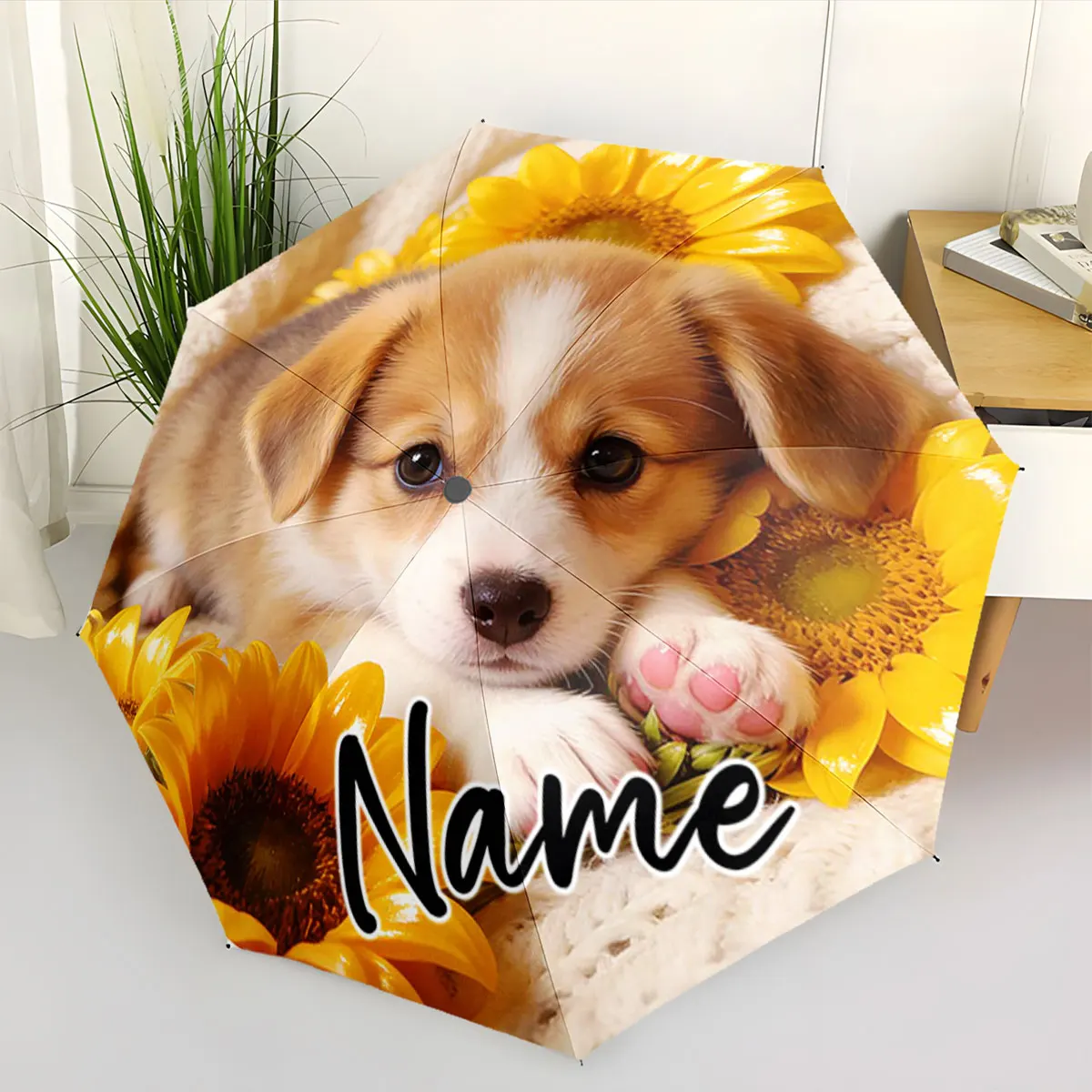 Custom Name Adorable Puppy and Sunflowers Themed Umbrella Design Print 8 Iron Ribs Folding Umbrella Auto-Open Fashion Sunshade