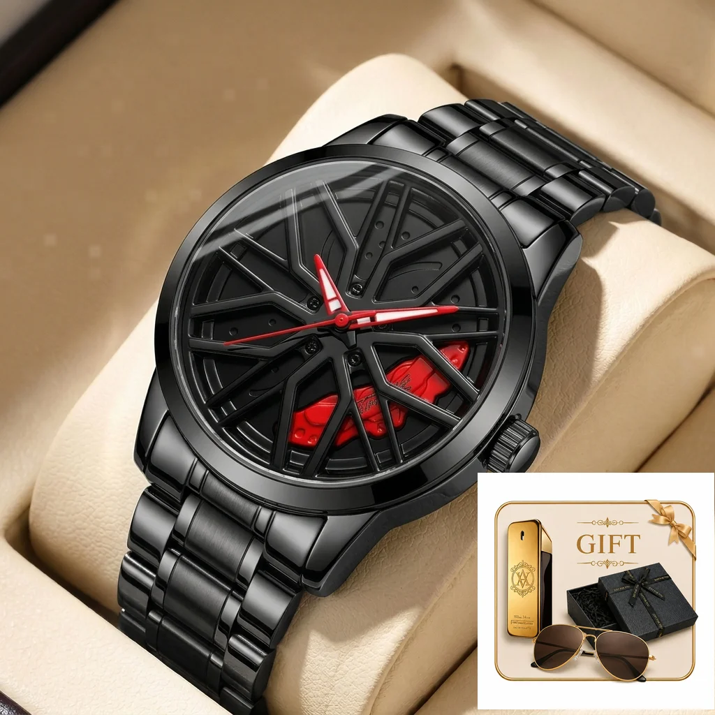 4pcs Men's Black White Red Wheel Pattern Metal Sporty Red Accents Sunglasses Perfume Mechanical Watch Gift Box Set Daily Use