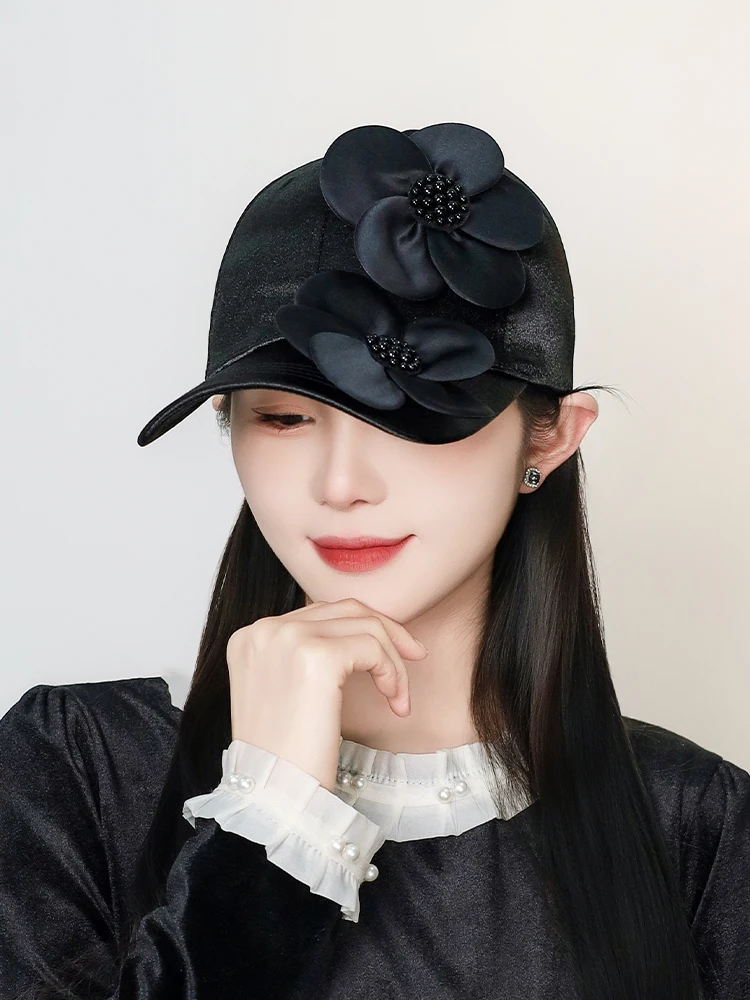 

Ele Pearl Large Flower Baseball Cap Bla White Flattering Face Small Lady Sle Casual Spring Summer ex Hat