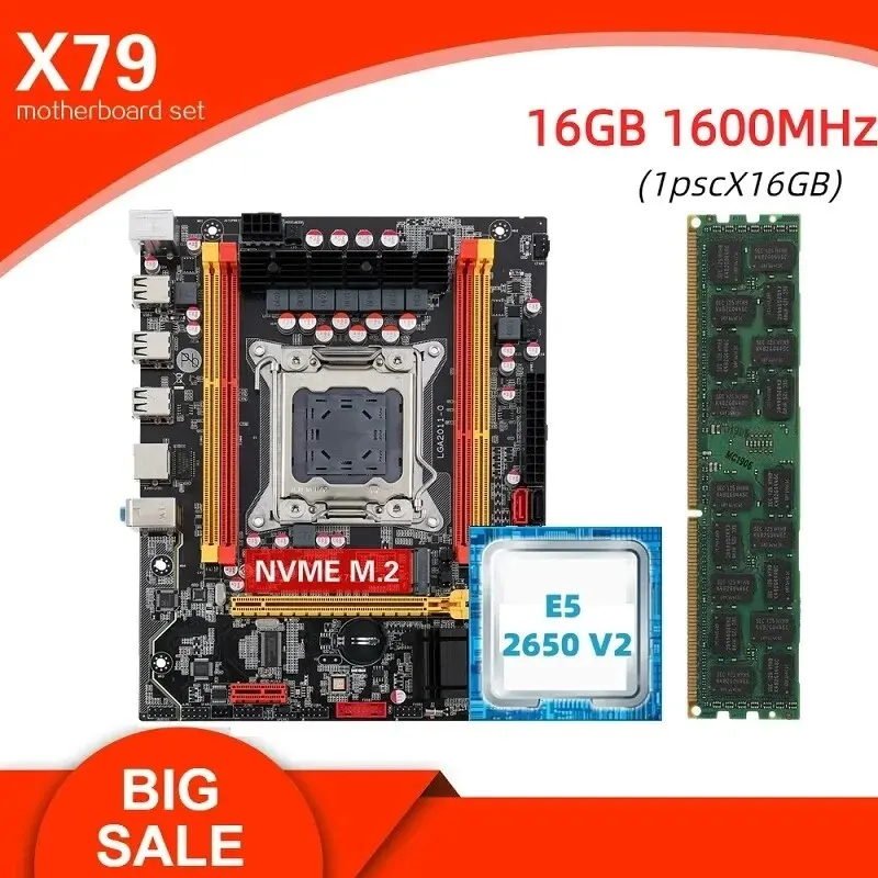 Kllisre X79 마더보드 키트 콤보 XEON E5 2650 V2 LGA 2011 CPU, 1 개 X 16GB 메모리 DDR3 1600 ECC RAM 