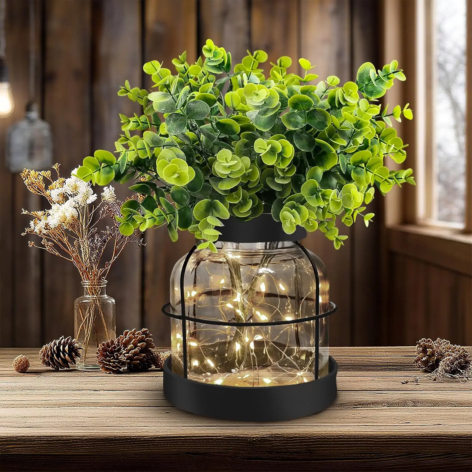 

Rustic Farmhouse Glass Vase with Green Artificial Eucalyptus & Lights, Black Vintage Lantern Home Decor for Counter, Coffee Tabl