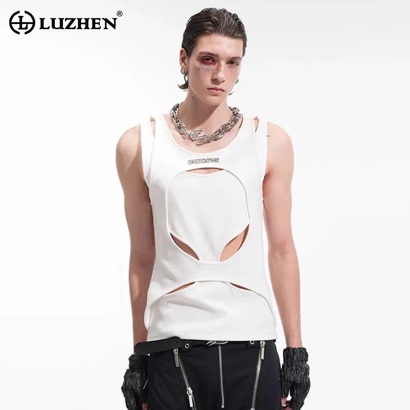 LUZHEN Hollow Design Personalized 2026 Color Out Summer Solid Sleeveless T-shirts Men's Stylish Luxury Street Casual Tops JY8531