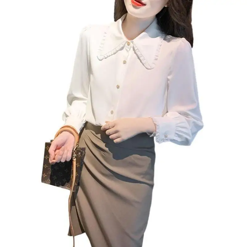 Spring and Autumn Women's White With Lapel Shirt Loose Versatile Buttons Chiffon Blouses for Women Casual Elegant Ladies Blusas