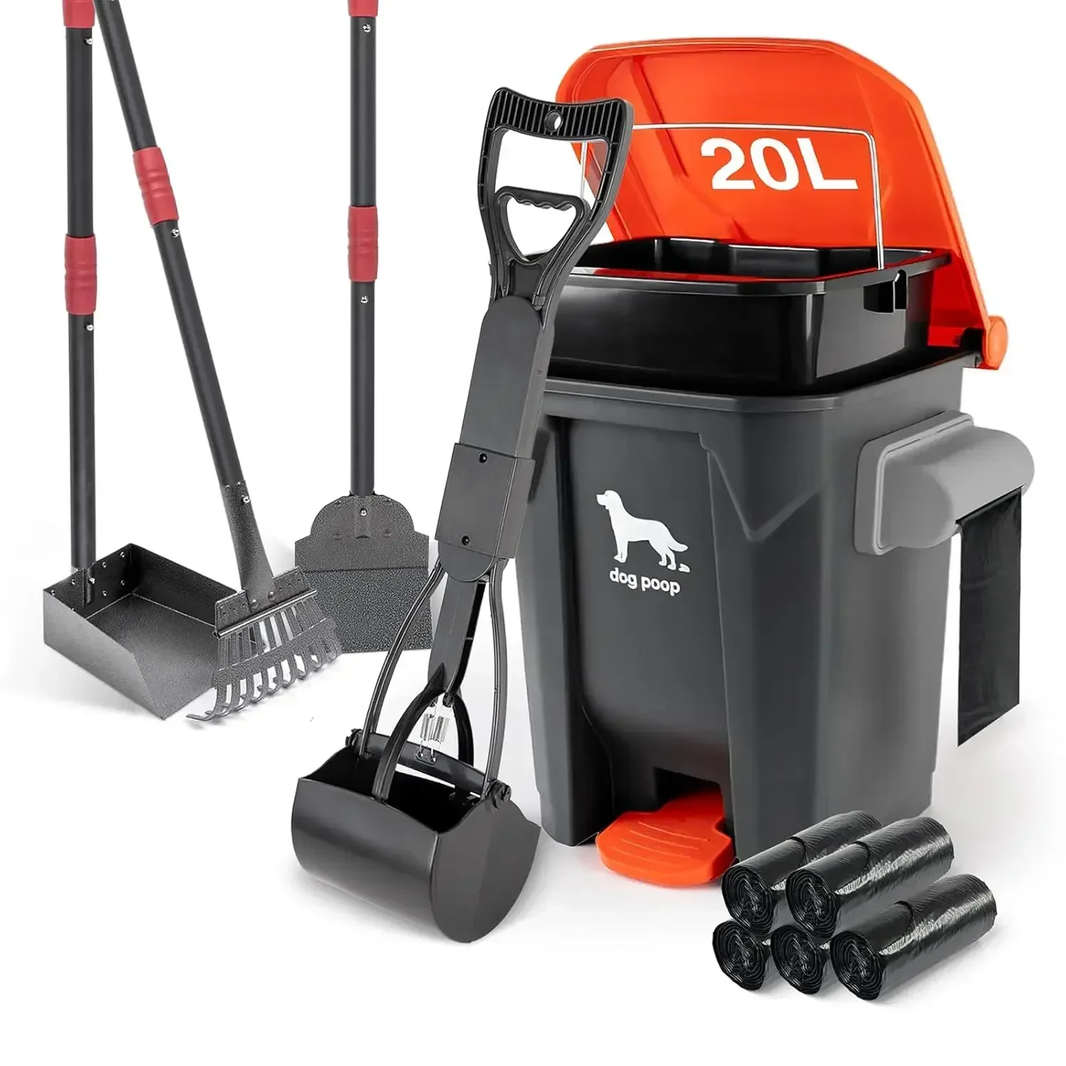 

Dog Pooper Scooper, 7Pcs Set Poop Trash Can with Removable Inner Bucket, Long Handle Tray & Rake, 60 Waste Bags, Dog Waste Large