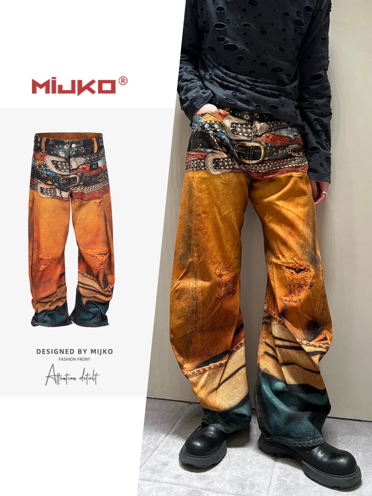 

MIJKO повседневные джинсы с несколькими поясами, джинсовые брюки с 3D принтом, модные брюки 2025 года для мужчин и женщин, винтажные широкие брюки с картиной маслом