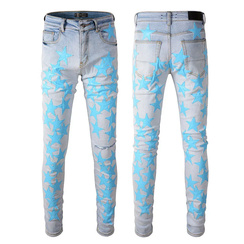

Trendy Star Print Slim Fit Jeans for Men Elastic Casual Straight Leg Long Trousers Organic Cotton Youth Faion Wear All Seasons