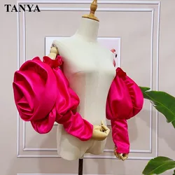 Fashion Fuchsia Hot Rose Satin Detachable Sleeves Puffy Long Removable Accessories Wedding Bride Evening Party Sleeve Big Flower
