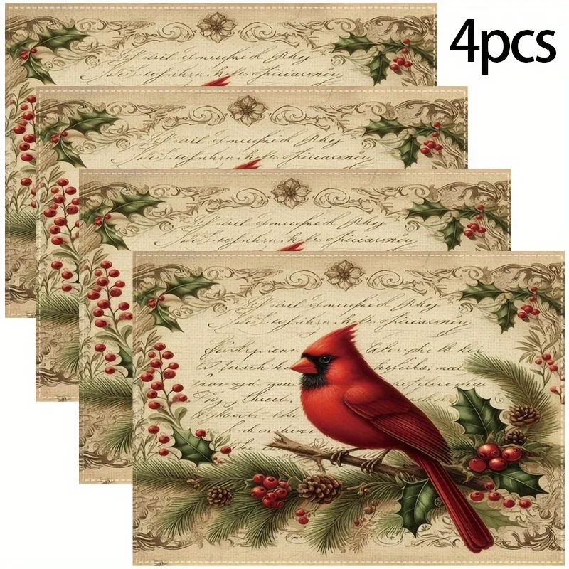 VIKAMA 4 Piece Christmas Robin Placemats Holly Berry And Pine Branch Pattern Placemats Home Dining Table Decoration