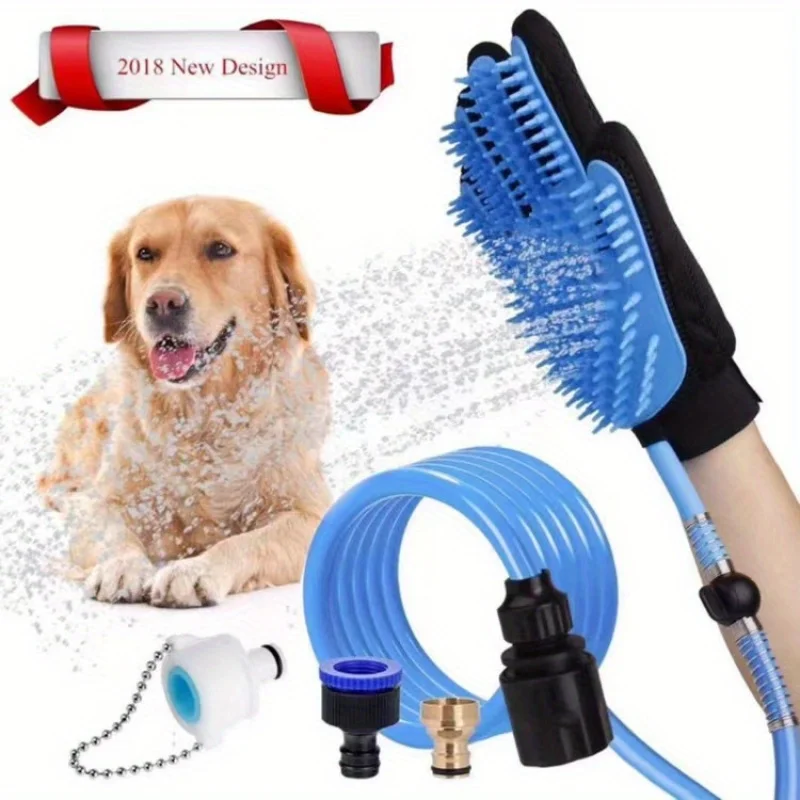 Dog Bathing Glove with Spray Nozzle - Silicone & Rubber Pet Massage Brush for Easy Hair Removal and Cleaning