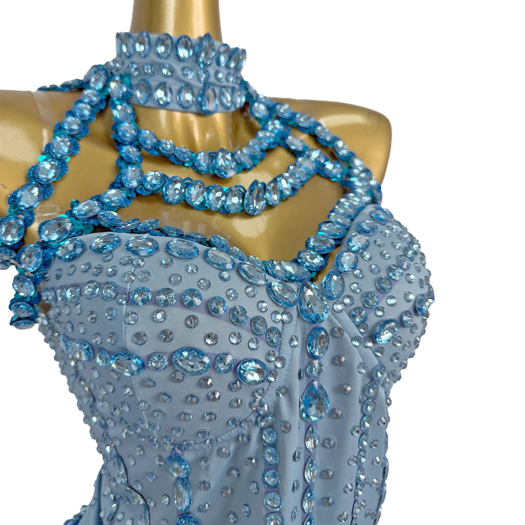 Tianlan مثير بار نادي الأداء زي الأزرق حجر الراين حمالة بذلة مع سلسلة عنق المرأة كوكتيل حفلة موسيقية اللباس