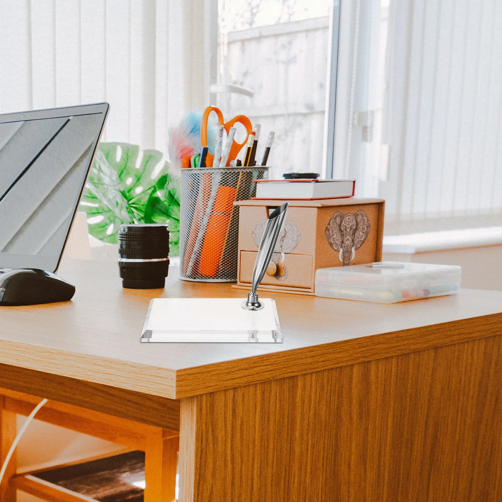 Single Pen Holder Acrylic Pen Stand Weighted Base Desk Organizer Vintage Style Office Study Room Tool