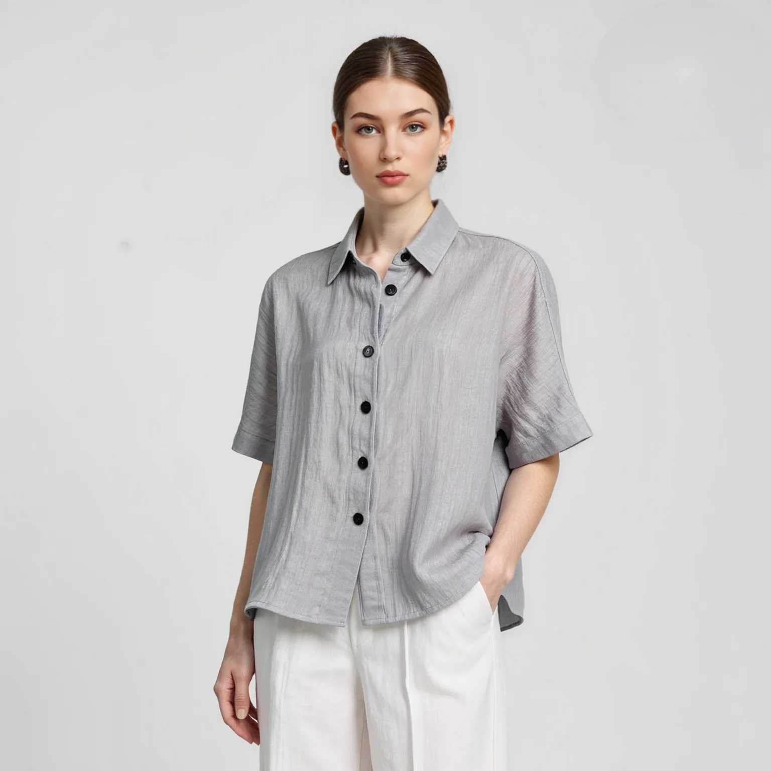 New 2025 Retro Short-sleeved Linen Shirt Women's Solid Color Summer Loose Square Collar Top Commuter Linen Shirt
