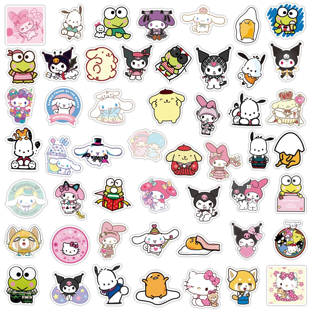 10/50/100/150 Uds. Bonita mezcla de pegatinas Sanrio de dibujos animados Hello Kitty Kuromi calcomanías portátil teléfono maleta para portátil pegatina de animé juguete para niños