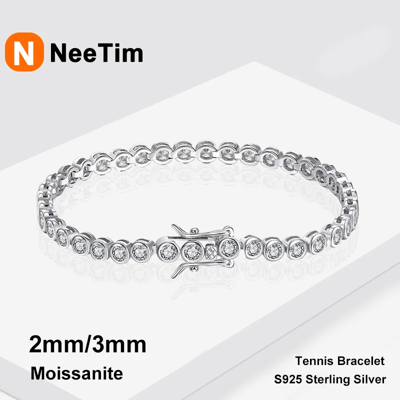 NeeTim Full 3mm Round Moissanite Tennis Bracelet Diamond 925 Sterling Silver with Gold Plated Bracelets For Women Wholesale