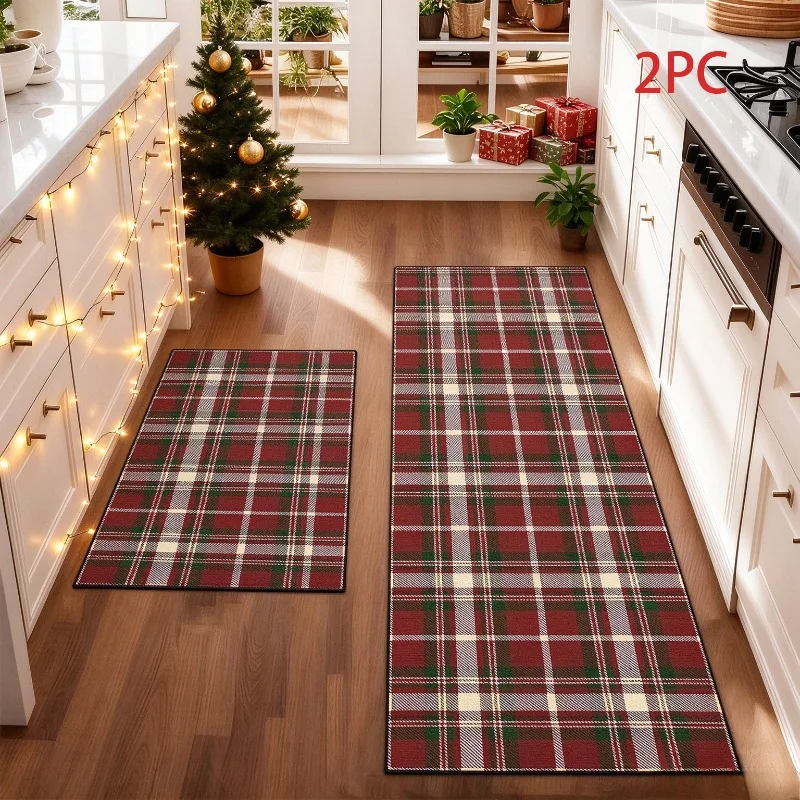 2PC Christmas Retro Plaid Kitchen Rug American Scottish Tartan Long Runner Mat Non-Slip Soft Holiday Decor Carpet for Entryway