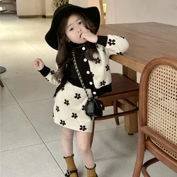 Girls' Sweater Suit Autumn Girls' Floral Printed Long Sleeve Cardigan Coat + Skirt Two-piece Children's Knit Set