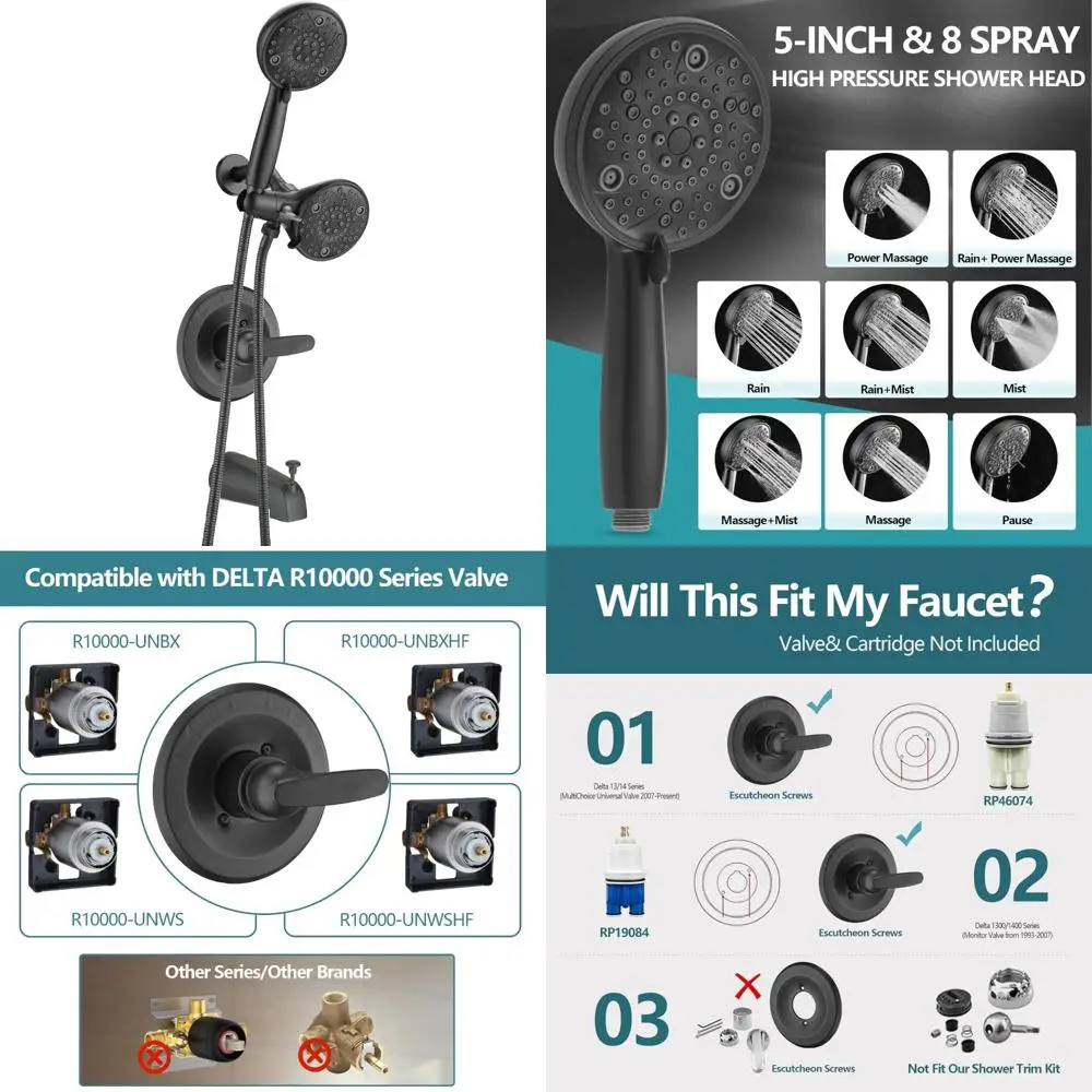 

High-Pressure Round Rain Shower Head and Handheld Combo Faucet Tub Trim Kit, Dual Shower Set for 13/14 Series, Replacement Showe